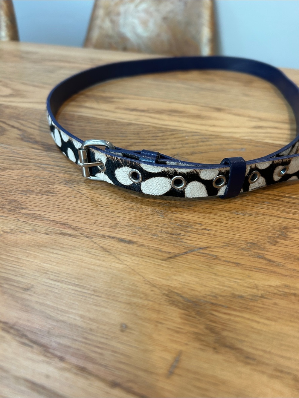 Boden Navy Leather Belt with Black and White Spot Print